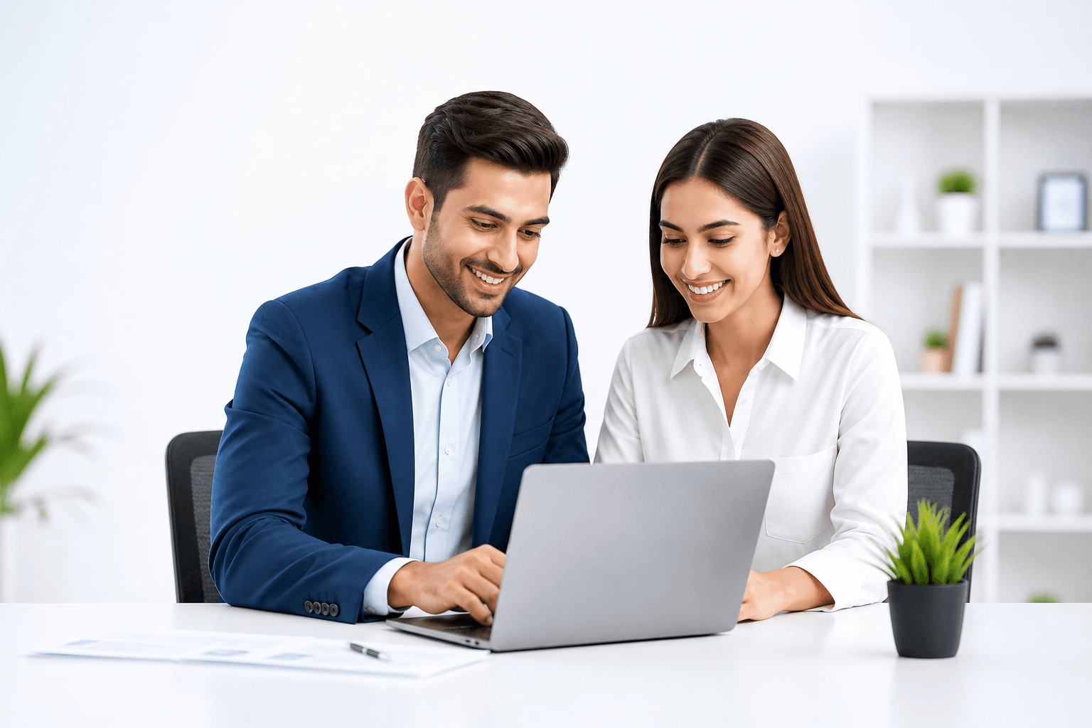 Business professionals looking at laptop